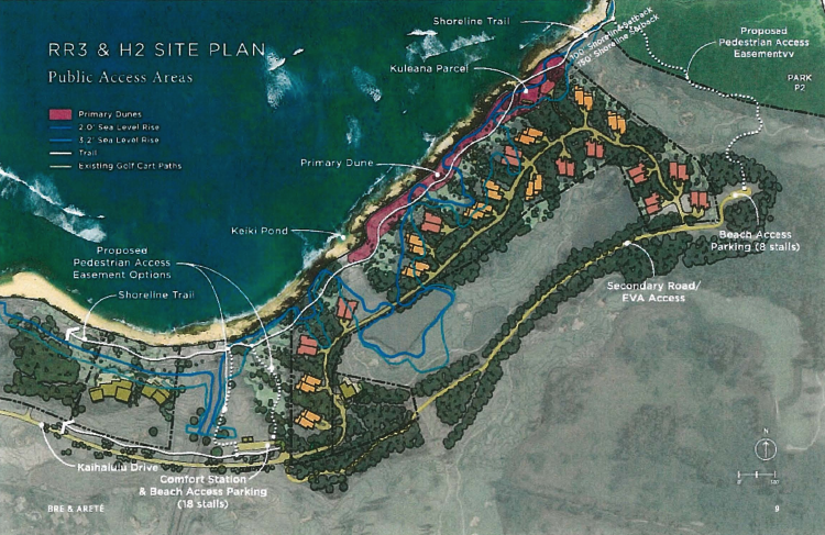 A screenshot of the site plan for the proposed development near the Turtle Bay Resort. The map was an attachment to a letter sent in July 2022 by Honolulu DPP Director Dean Uchida. the blue lines on the map represent the impact of sea level rise.